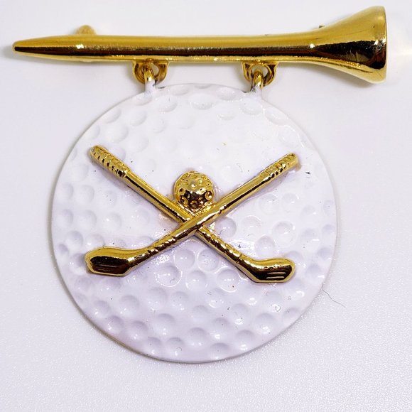Vintage AJC Goldtone Golf Tee with White Enamel Golf Ball Cross Clubs Pin Brooch - Picture 1 of 7